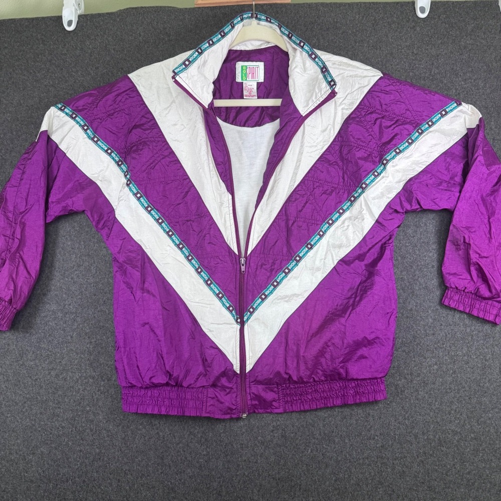 Vintage Bold Spirit Purple White Chevron Nylon Windbreaker Jacket Small Retro